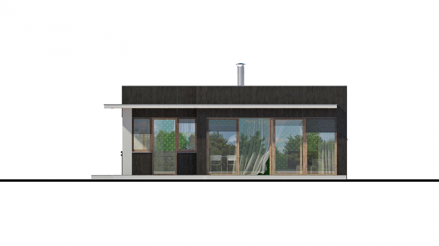 Moderný malý projekt rodinného domu s plochou strechou na úzky pozemok. Na presvetlenie chodby slúži svetlík Velux.